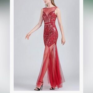 NWT DOSE Elegant  burgundy (dark red) sequin/beads Evening maxi dress size L